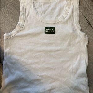 Daily Drills White Ribbed Tank with Dark Green Logo Patch